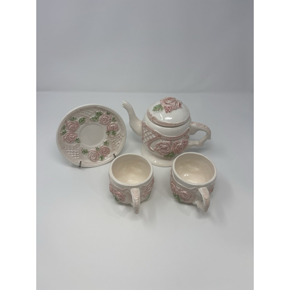 VINTAGE 90's New Holland Pink Rose Floral Tea Pot Lid 2-Cups & 1 Saucer Plate.